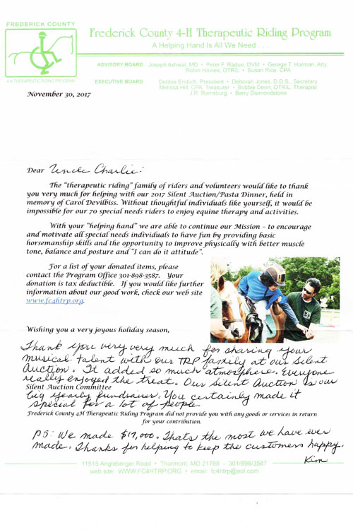 To Charlie Lowery from Frederick County Therapeutic Riding Program